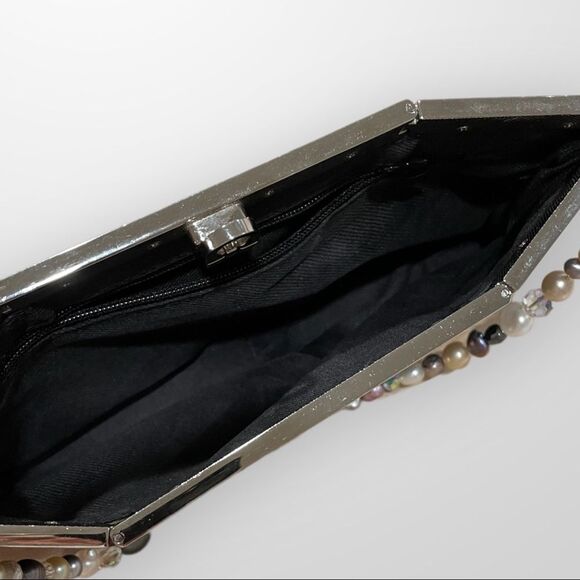 Vintage Black Lizard Embossed Evening Bag Crystals Authentic Pearls Strap - Picture 4 of 4